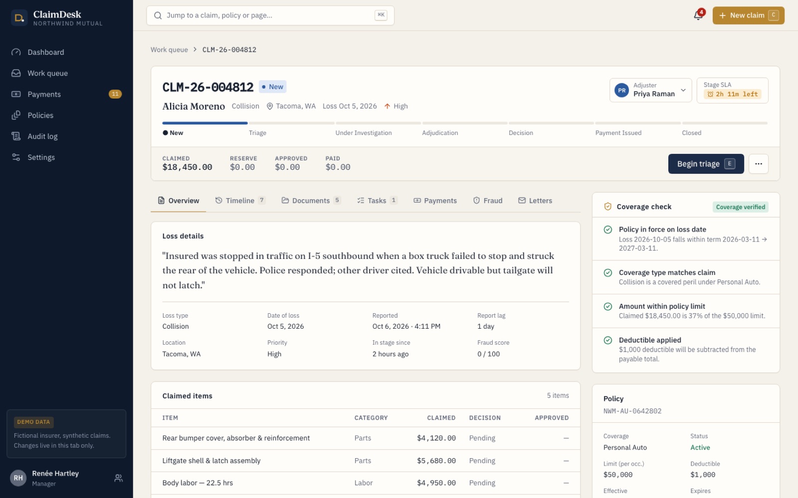 ClaimDesk claim detail with lifecycle stepper