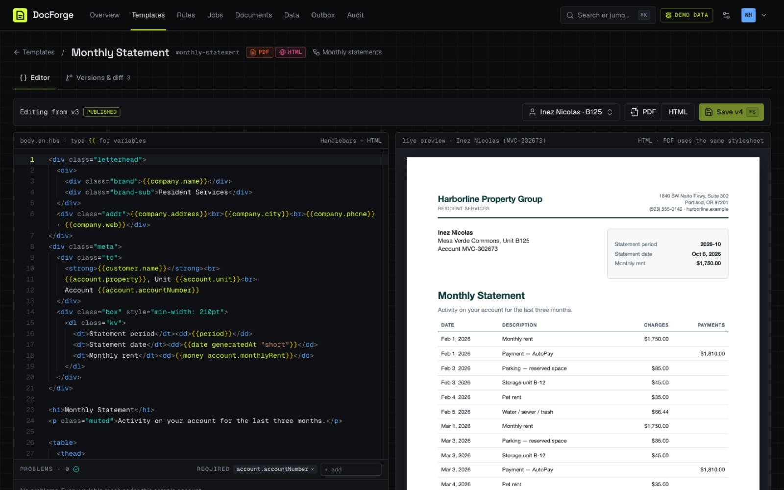 DocForge template editor with live preview