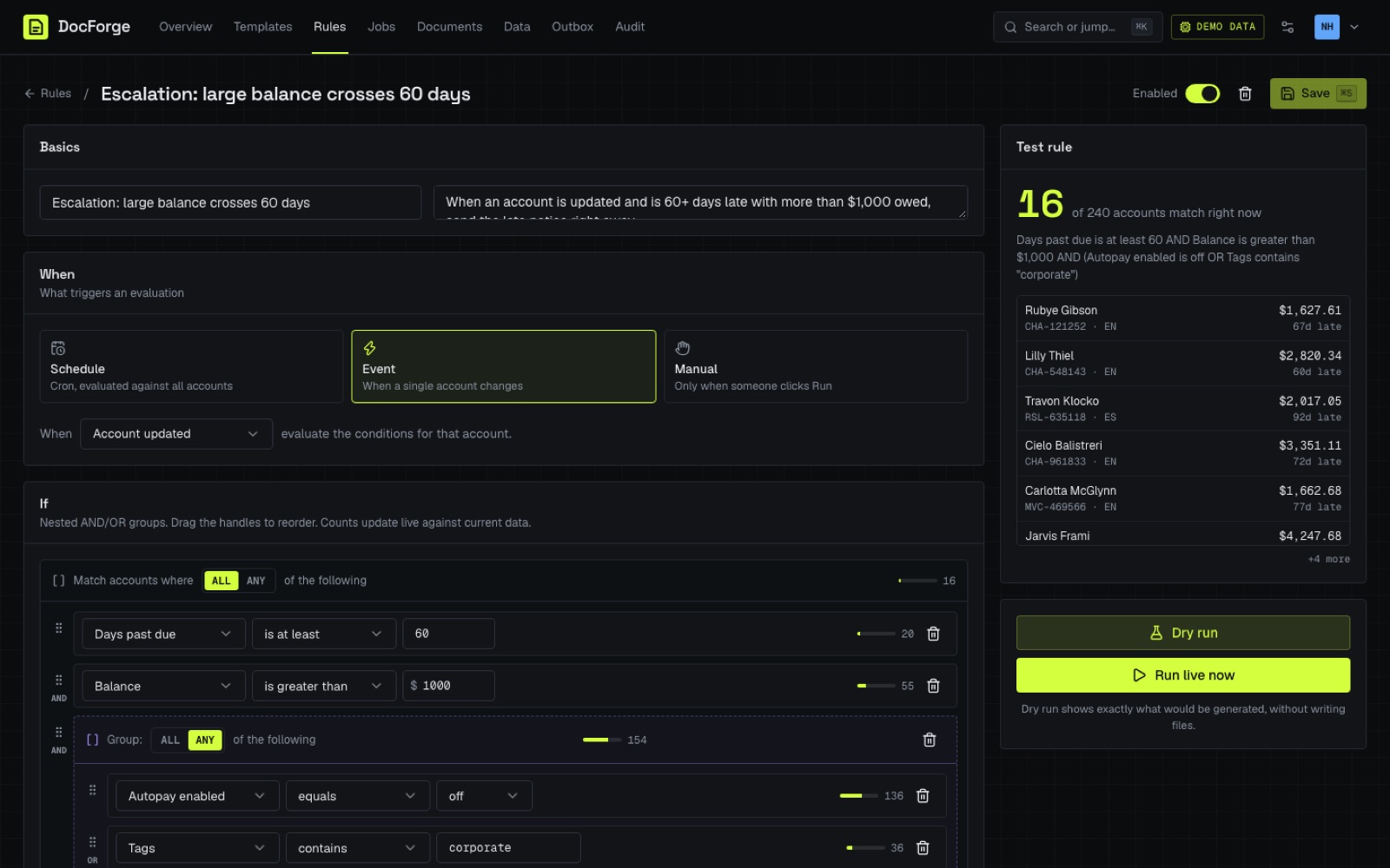 DocForge visual rule builder